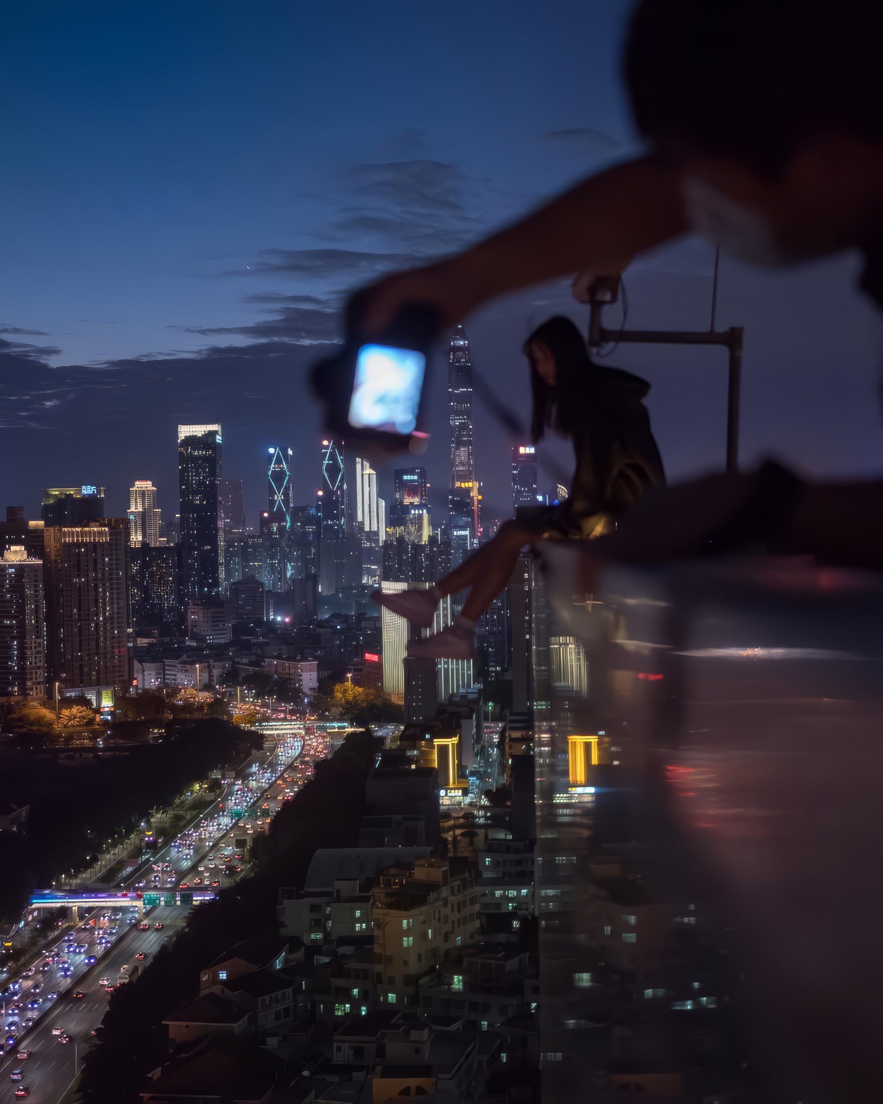 Shenzhen skyline at blue hour from a rooftop
